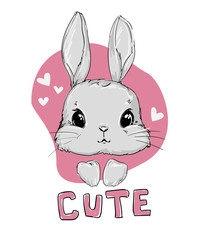 Hand Drawn Cute Fun Little Bunny pink background. Print design rabbit. Children Print on t-shirt. Vector Print