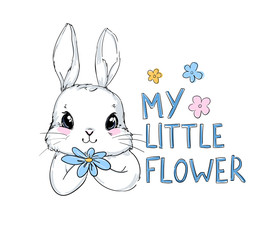 Rabbit and Flowers Childish vector illustration. Bunny Print design for children's textiles. Handwritten phrase You my Flower.