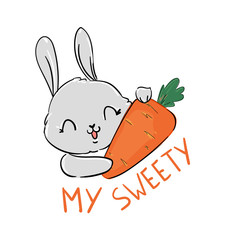 Cute gray rabbit holding a carrot isolated on white background. Baby vector illustration. Print design for children's textiles. Children's fashionable fabric, prints, t-shirt
