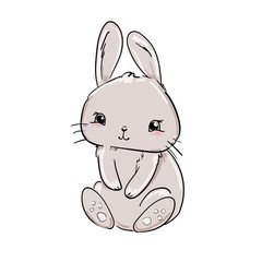 Hand Drawn Cute Bunny isolated on white background. Print design rabbit. Children Print on t-shirt. Vector Print