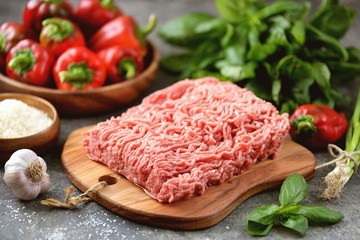 Minced meat, organic bell peppers, rice and spices for making stuffed peppers.