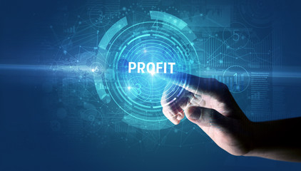 Hand touching PROFIT button, modern business technology concept