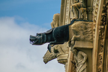 View of the exterior facade of the Roman Catholic Notre Dame de Reims Cathedral, a city in the...