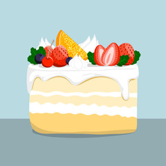 Bread Cake Topping with Fruits and Whipped Cream. Drawing art in Cartoon style for any Anniversary.