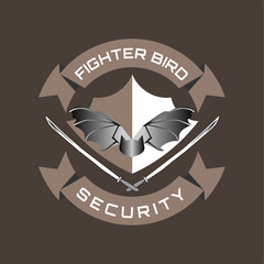 Vector logo of an owl with a dark sword and shield.