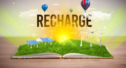 Open book with RECHARGE inscription, renewable energy concept