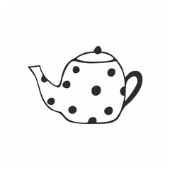 A pencil-drawn Doodle teapot on a white background. Vector contour illustration for children. Logo element for a coffee shop, cafe, restaurant, and tea ceremony. Design of the coffee shop