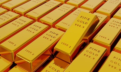 Stack of gold bars 1000 grams ,3d rendering.	