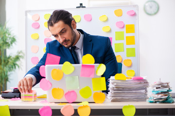 Young male employee in conflicting priorities concept