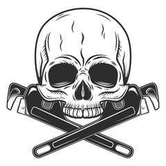 Skull without jaw builder from new construction with crossed wrenches plumbing and gas pipe. Vintage monochrome isolated vector illustration
