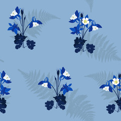 Seamless vector illustration with aquilegia on a blue background.