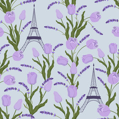 Seamless beautiful vector illustration of a stylized eiffel tower with tulips.