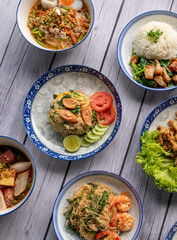 Thai Food Mixes of Noodles and Fried Rice 