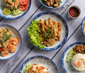 Thai Food Mixes of Noodles and Fried Rice 