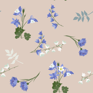 Seamless vector illustration with campanula, cornflowers and aquilegia