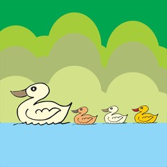 Illustration of a mother duck with three cubs swimming. Set in colorful trees. Very charming as a poster or illustration of children's story books.