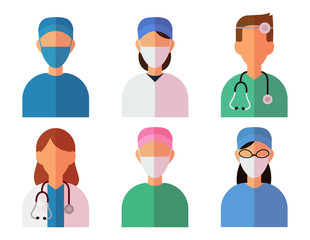 Doctors and medical staff colored isolated icons or avatars. Vector simple flat design.