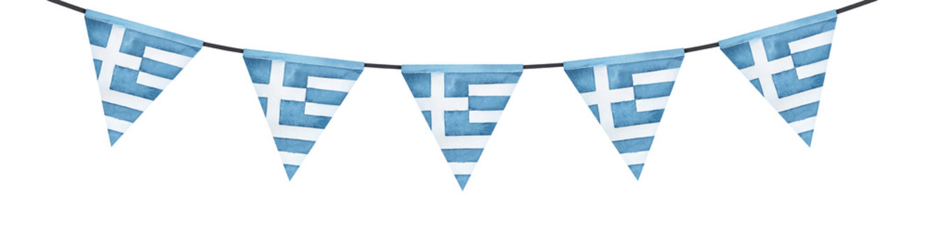 Watercolour illustration of festive string bunting with triangular national flag of Greece. Hand drawn water color sketchy painting, isolated clip art element for design, print, greeting card, decor.