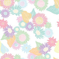 Abstract seamless pattern with vintage hand drawn pastel wildflower and sunflower on white background design
