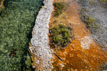 Close up of the beautiful, colorful hot springs mineral water with rocks, algae, gypsum and water in Hot Springs State Park in Thermopolis, WY