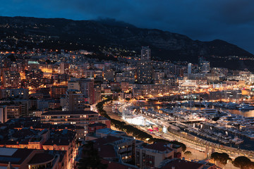 Night panorama of Monaco city view and harbour 