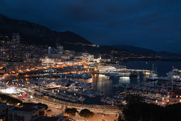 Night panorama of Monaco city view and harbour 
