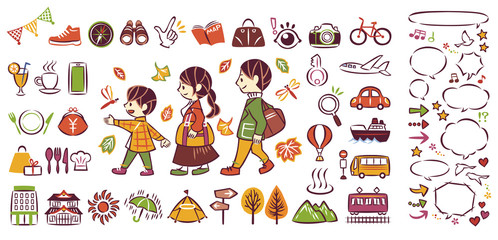秋の紅葉狩り旅行 アウトドアレジャー 三世代家族 アイコンイラストと吹き出し セット Wall Mural Keiko Kusuhara