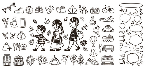 秋の紅葉狩り旅行 アウトドアレジャー 三世代家族 アイコンイラストと吹き出し セット Wall Mural Keiko Kusuhara