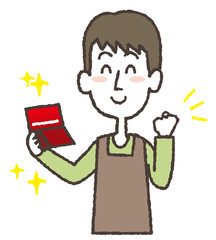 銀行残高を確認してガッツポーズをする主夫のイラスト