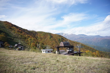 An amazing autumn season landscape of  Japanese mountains, Nagano, Japan, national nature park