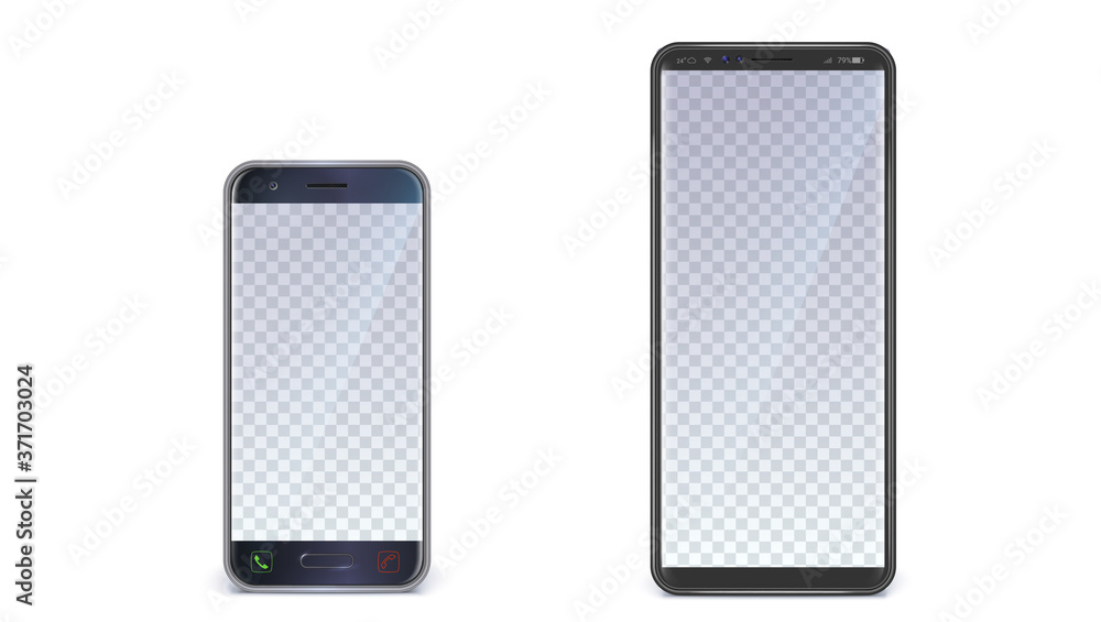 Poster mock ups of smartphones with blank ui screen. phone in small and x sizes. vector 3d illustration iso