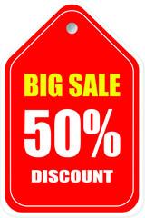 Sale tag, discount 50% off, isolated sticker, banner design template, vector illustration