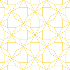 Tessellated repeating mathematical pattern of connected gold outlines of shapes on a white background, geometric vector illustration