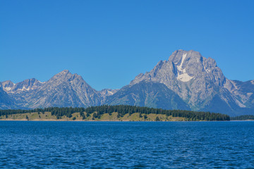 Beautiful Jackson Lake below the Teton Mountains in the Grand Teton National Park, Wyoming