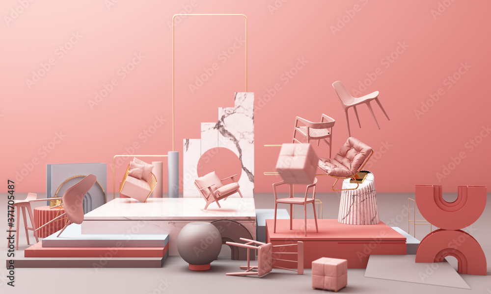 Poster chair with geometric shape with marble texture 3d rendering
