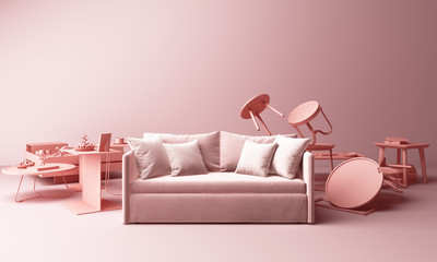 Pink pastel sofa surrounding by coffee table minimal concept 3d rendering
