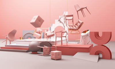 chair with Geometric shape with marble texture 3d rendering