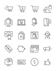 set of online shopping line icons, ecommerce, online store