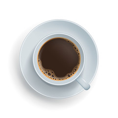 Top view of espresso drink in cup. Hot coffee beverage with foam. White ceramic cup and saucer minimalist design realistic vector illustration isolated on white