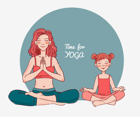 Mother and daughter doing yoga. Family yoga vector illustration
