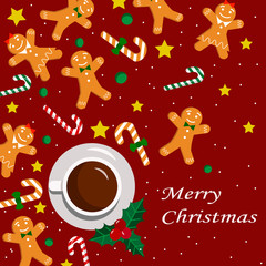 Greeting card for Merry Christmas and Happy New Year. Gingerbread men and a mug with a drink. Christmas and New Year stickers. Vector illustration. For children, gifts, packaging, shops.