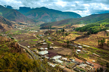 Fototapeta premium View from the top of the hill. Bhutan Airport (Dzongkha), one of the world's most challenging airports-Paro, Bhutan.