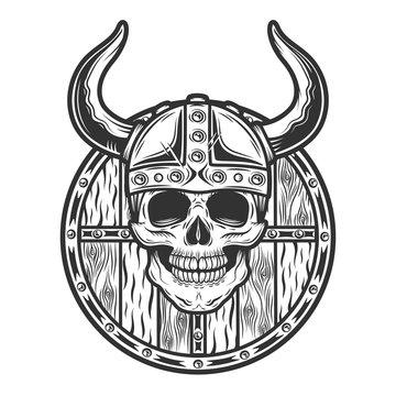 Vintage viking skull with horned helmet and wooden shield monochrome isolated illustration