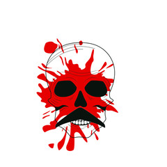 A human skull with a blood trail isolated on a white background.Dictator.Minsk, Belarus. August 2020.Blood from the shot.