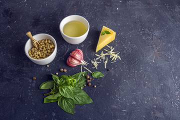 Obraz na płótnie Canvas Fresh ingredients for pesto on dark background. Basil leaves, pine nuts, garlic, parmesan and olive oil. Traditiona Italianl sauce for pasta, pizza and bruschetta. Copy sapce for text