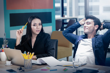 Business people or woman or professional lady officer sitting and thinking and working in office 