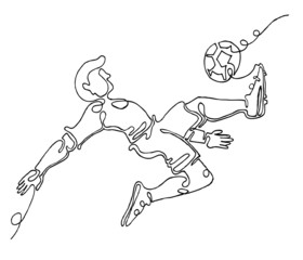 Continuous line drawing of Sports training, Soccer football player kicks the ball, Logo, Exercise, Symbol. Vector illustration.