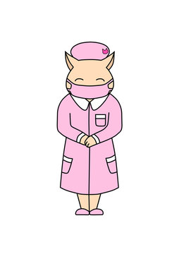 ピンク色のナース服を着た薄い茶色の猫