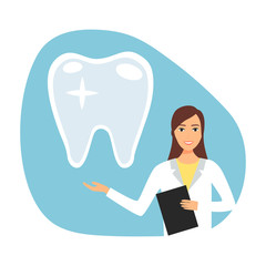 Woman dentist with shiny tooth in flat design. Dental healthcare and treatment concept vector illustration on white background.