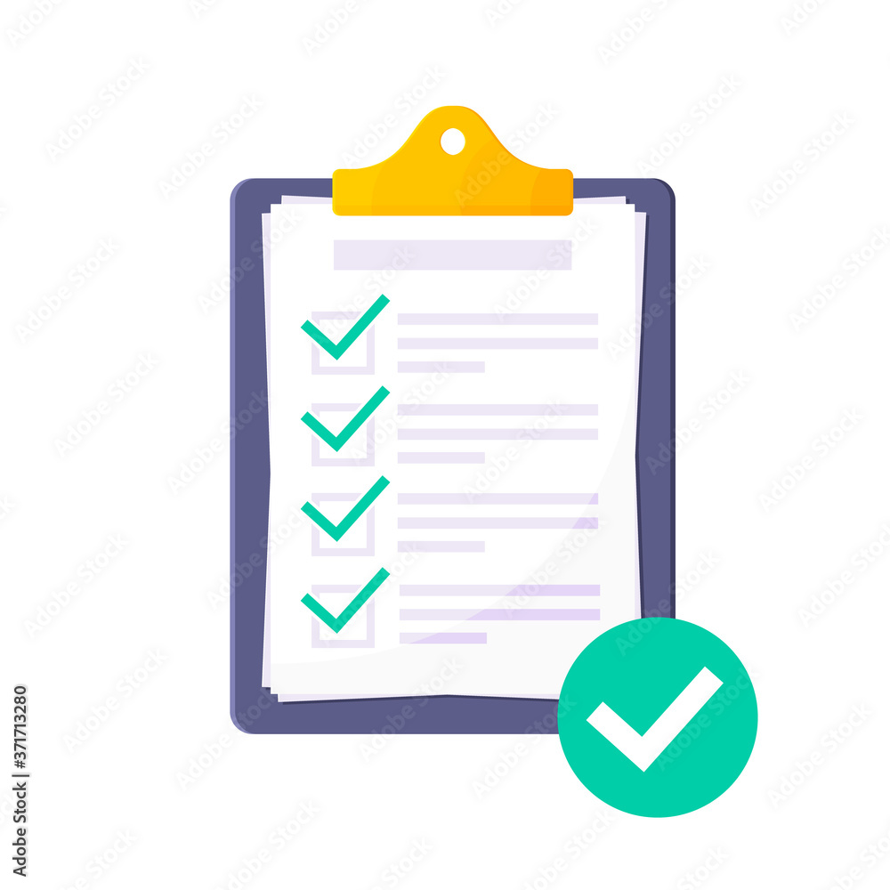 Poster clipboard with complete checklist flat style design icon sign vector illustration isolated on white 